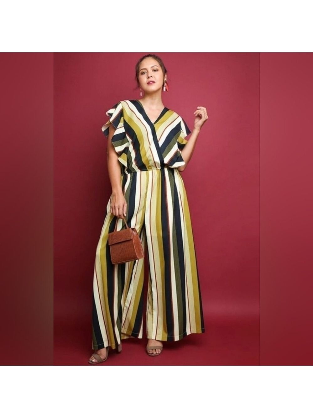 UMGEE - Earth-Toned Pin Stripe Smocked Waist Short Sleeve Jumpsuit